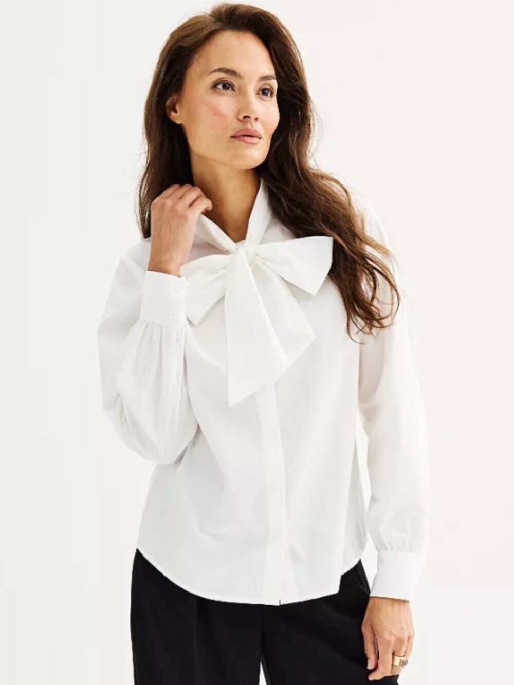 Nine West Women's Size Large Bow Neck Button Down Top White Long Sleeve Cotton